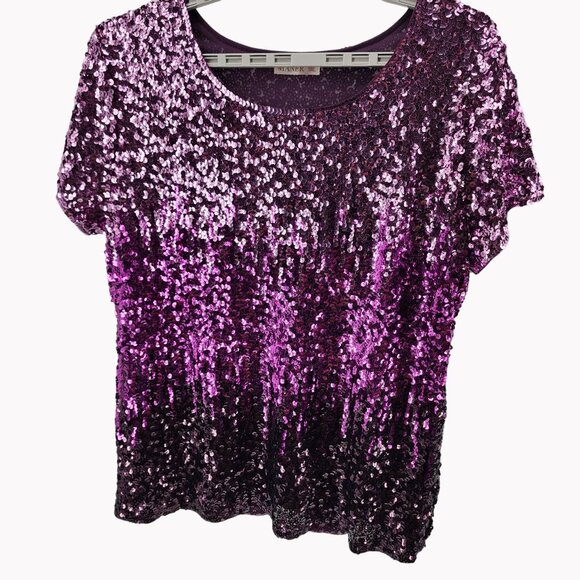 Maner Womens 3XL Plus Sequin Top Short Sleeve Purple Pink Blouse Party Shirt - Picture 1 of 7
